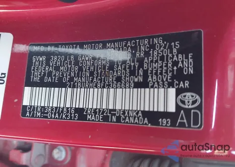 2015 Toyota Corolla Le из США, поврежденный, VIN 2T1BURHE8FC366689